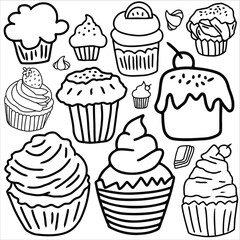 Cupcake doodle icon set vector illustration, suitable for sticker pack, icon, logo and graphic design elements