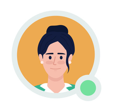 Woman with bun hairstyle flat vector avatar icon with green dot. Editable default persona for UX, UI design. Profile character picture with online status indicator. Colorful messaging app user badge