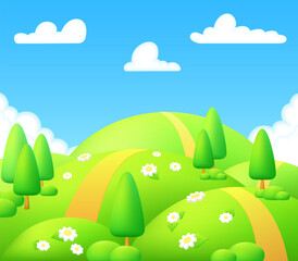 Meadow panorama 3d illustration. Bright landscape of green valley kids background. Colorful cute scene with spring green grass, trees, chamomile flowers, blue sky, sun, clouds for children's game.