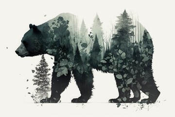 Plakat Double exposure of a black bear and forest. Generative AI illustration.