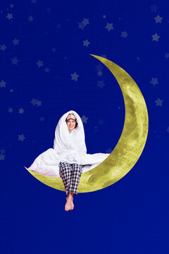 Vertical collage picture of mini positive girl covered comfort blanket sit moon isolated on night sky blue background