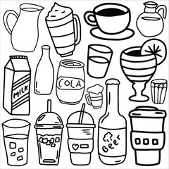 Drink doodle icon set vector illustration, suitable for sticker pack, icon, logo and graphic design elements