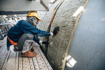 Male workers lay the sheets on the insulation tank.