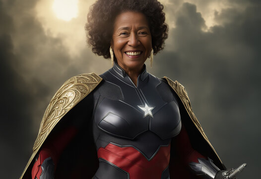 Generative AI illustration of black woman in superhero costume