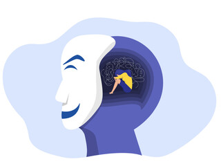 Woman in Depression,girl Sitting on Floor with Tangled Thoughts in Headscribbling over her head. Mental health problems, burnout, depression.Vector Illustration