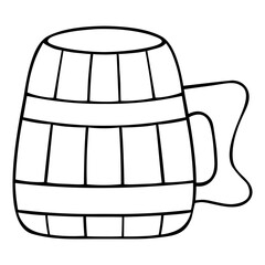 Mug for beer. Sketch. Wooden utensils. Empty drink container. Vector illustration. Outline on isolated background. Doodle style. Coloring book for children. St.Patricks Day. Idea for web design, menu