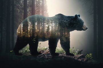 Double exposure of a black bear and forest. Generative AI illustration.