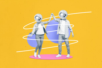 Creative collage image of two black white gamma people disco ball instead head hold arms dancing isolated on yellow background