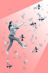 Vertical collage image of positive impressed funky girl black white colors jump fly arms catch rose flowers isolated on creative background