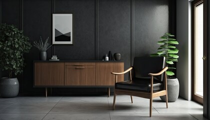 wooden sideboard, small coffee table and comfortable black armchair on concrete floor. Minimalist Scandinavian design. generative ai