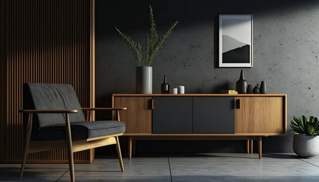 Dark contemporary waiting room interior with wooden sideboard, small coffee table and comfortable black armchair on concrete floor. Minimalist Scandinavian design. generative ai