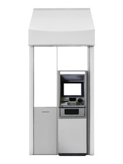 Isolated ATM Automated Teller Machine booth on white background for advertising mockup template. Out-of-home OOH media display space for bank advertisements branding; with clipping paths.
