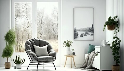 Mock up of stylish room in white color with armchair and green landscape in window. Scandinavian interior design. generative ai