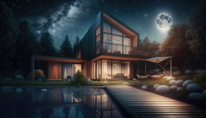 modern cozy house with parking and pool for sale or rent with wood plank facade and beautiful landscaping on background. Clear summer night with many stars on the sky. generative ai