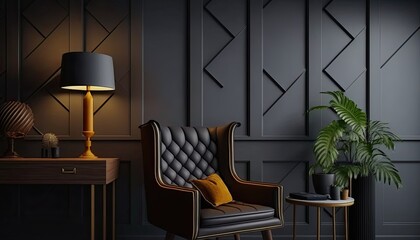 Modern interior design for home, office, interior details, upholstered furniture against the background of a dark classic wall. generative ai