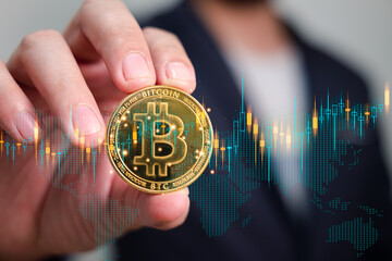 gold bitcoin is holding by businessman, symbol of cryptocurrency investment and speculation for more income and wealth of investor
