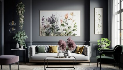 Modern interior design, in a spacious room, next to a table with flowers against a gray wall. Bright, spacious room with a comfortable sofa, plants and elegant accessories. generative ai
