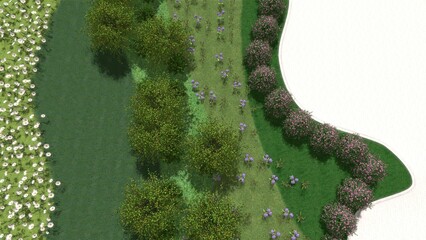 3D illustration of modern city square landscape design. Computer visualization of landscape design. Contrasting composition of a group of plants and smooth lines.