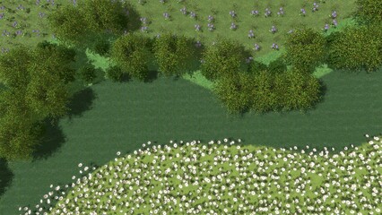 3D illustration of modern city square landscape design. Computer visualization of landscape design. Contrasting composition of a group of plants and smooth lines.