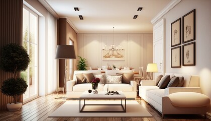 Modern villa living room design interior, beige furniture, bright walls, hardwood flooring, sofa, armchair with lamp. generative ai