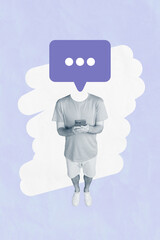 Collage artwork graphics picture of guy mind cloud instead of head chatting twitter telegram...