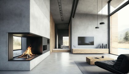 Spacious villa interior with cement wall effect, fireplace and tv. generative ai