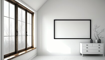 White empty room with summer landscape in window. Scandinavian interior design. generative ai