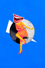 Vertical collage image of overjoyed mini person dancing big smiling mouth instead head vinyl record...