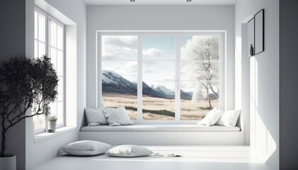 White empty room with summer landscape in window. Scandinavian interior design. generative ai