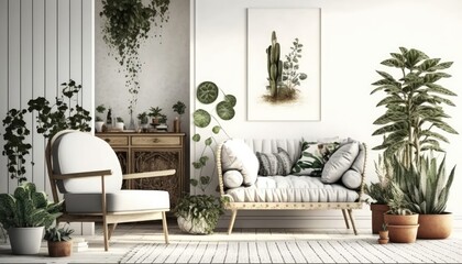 Armchair on rug next to bench with plants in white loft interior with wooden sofa. generative ai