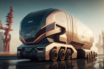 The future of electric autonomous freight transport. running fast on the highway. generative AI digital illustration.