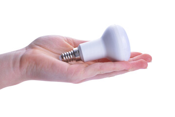 Hand holding LED light bulb isolated on transparent background, PNG.