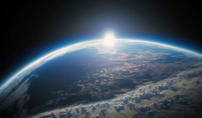 Planet Earth cutvature. Aerial view of blue planet from space. Sunrise over globe land and ocean. Generative AI	