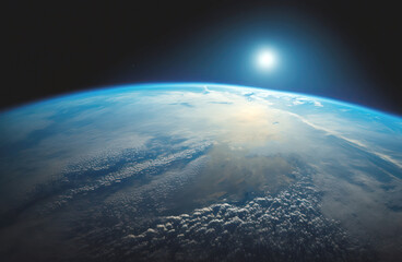 Planet Earth cutvature. Aerial view of blue planet from space. Sunrise over globe land and ocean. Generative AI	