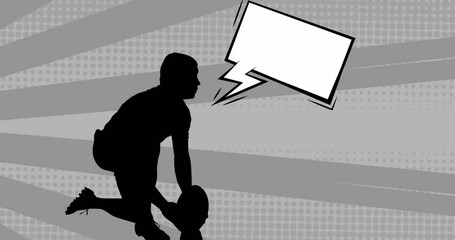 Animation of rugby player silhouette with speech bubble over shapes on grey background - Powered by Adobe