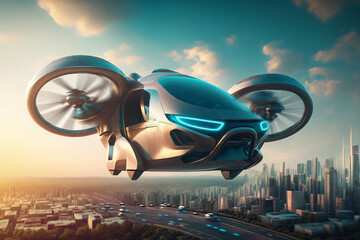 Future of urban air mobility, city air taxi, UAM urban air mobility, Public aerial transportation, Passenger Autonomous Aerial Vehicle AAV in futuristic city, Generative AI