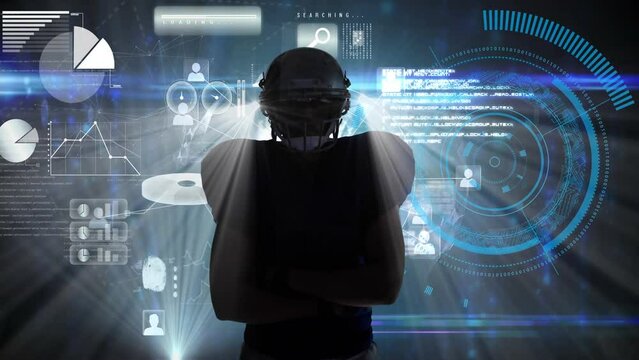 Animation of american football player over data processing on black background