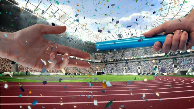 Animation of confetti falling and hands holding relay baton over stadium