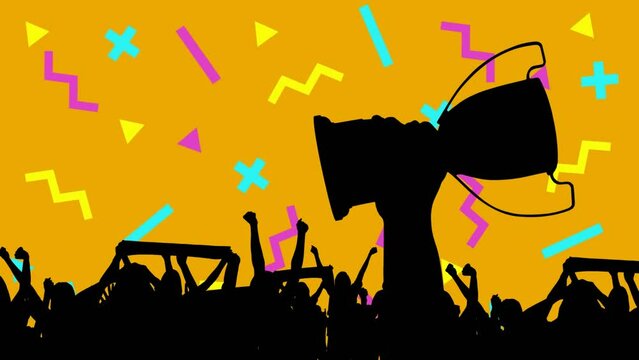 Animation of supporters silhouettes over shapes on orange background