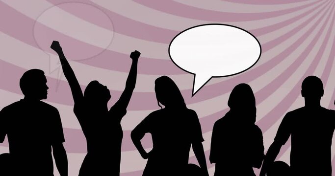 Animation of supporters silhouettes with speech bubbles over shapes on pink background