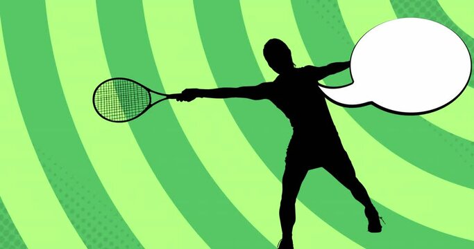 Animation of tennis player silhouette with speech bubble over shapes on green background