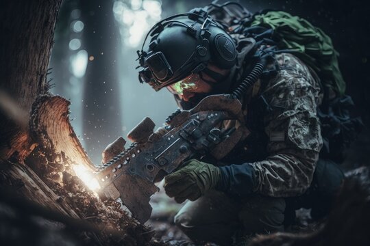 Immersive VR Experience of a Future Soldier Using a Chainsaw to Cut Through Fallen Trees with Epic Composition in Unreal Engine 32k Megapixel Super-Resolution ProPhoto RGB Bokeh Depth of Field Tilt Bl