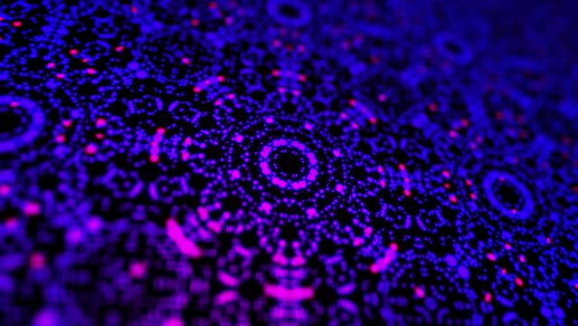 Glowing violet kaleidoscope blurred ornament flower shapes, symmetrical pattern structures. Futuristic 3d abstract backdrop. For holiday presentations, ceremonies, festive as vj loop video design.