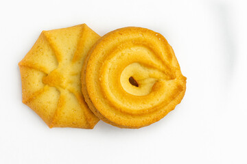 Danish butter cookie isolated on white background, top view