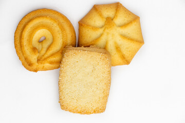 Danish butter cookie isolated on white background, top view