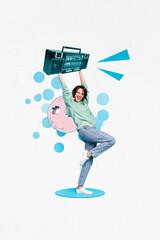 Collage photo of youngster carefree girl dancing hold discotheque cassette boombox have fun chill...