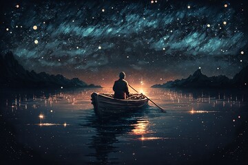 Naklejka na ściany i meble Rowing Through a Starry Mystical Sea. Generative AI