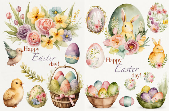Set of watercolor clipart illustrations of Easter, Easter bunny, Easter eggs, Easter basket, generative ai