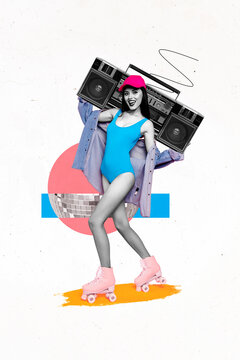 Vertical collage picture of positive pretty girl black white effect carry big boombox ride rollerblades isolated on creative background
