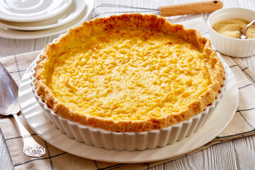Classic chess pie in baking dish, top view